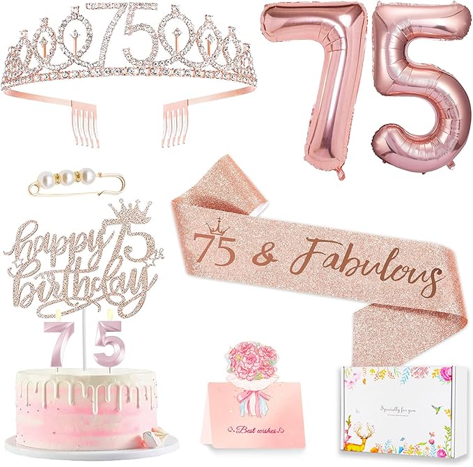 75th Birthday Gifts Decorations for Women, Including 75 year old Cake Topper, Birthday Queen Sash with Pearl Pin, Sweet Rhinestone Tiara Crown, Number Candles and Balloons Set, Rose Gold