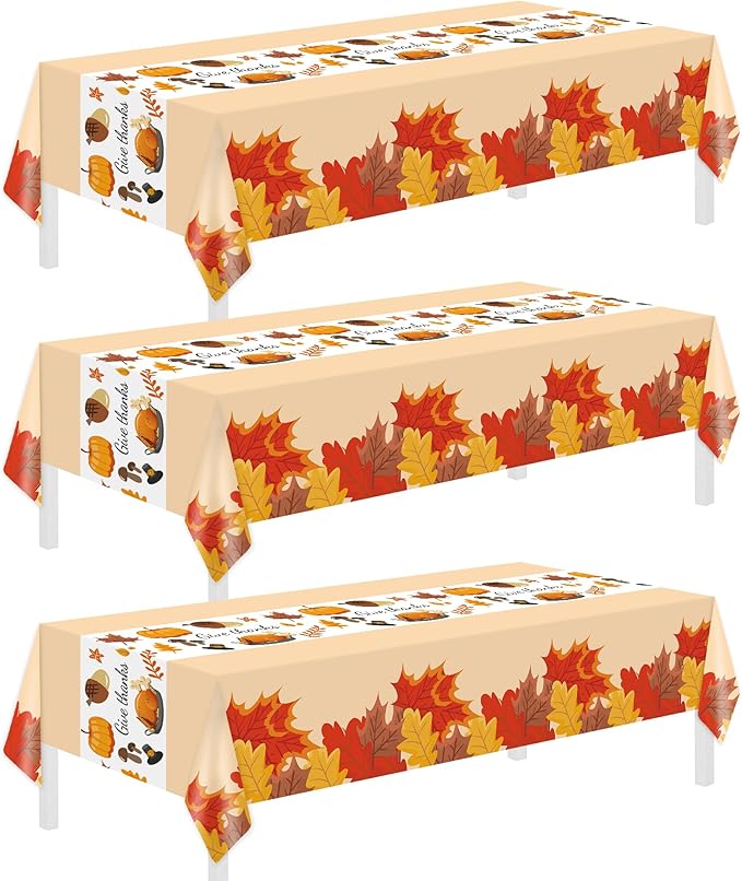 Childom Thanksgiving Tablecloth, 3 Pack Disposable Plastic Tablecloth 54" x 108" Thanksgiving Decorations, Autumn Maple Leaf Party Table Cover, Fall Harvest Party Decor for Outside,Picnic,Home,Dinner