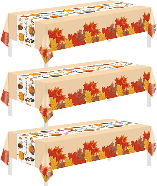 Childom Thanksgiving Tablecloth, 3 Pack Disposable Plastic Tablecloth 54" x 108" Thanksgiving Decorations, Autumn Maple Leaf Party Table Cover, Fall Harvest Party Decor for Outside,Picnic,Home,Dinner