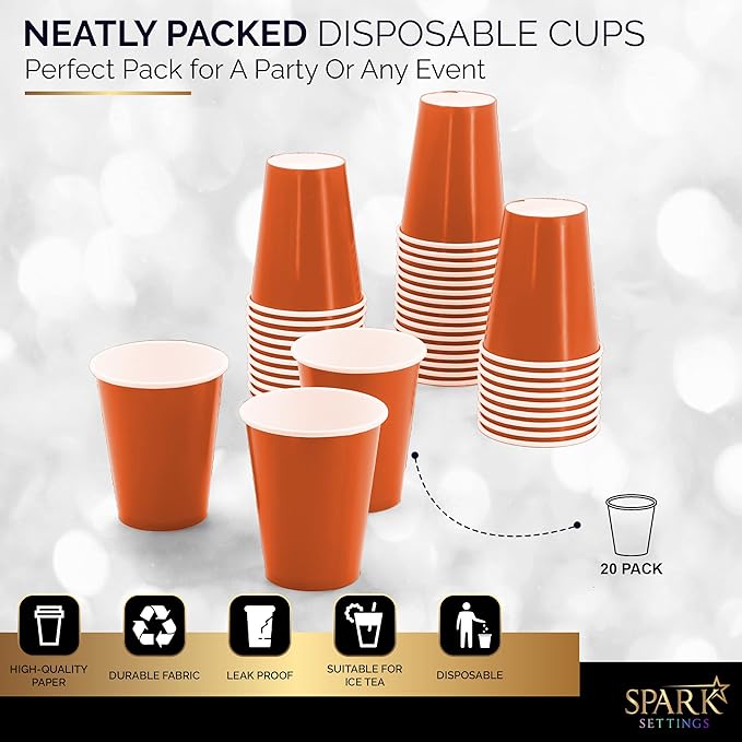 Disposable Paper Cups, 8 oz. Orange Paper Coffee Cups, Strong and Sturdy Coffee Disposable Cups for Party, Wedding, Thanksgiving Day, Christmas, Halloween Hot Cups, Pack of 20