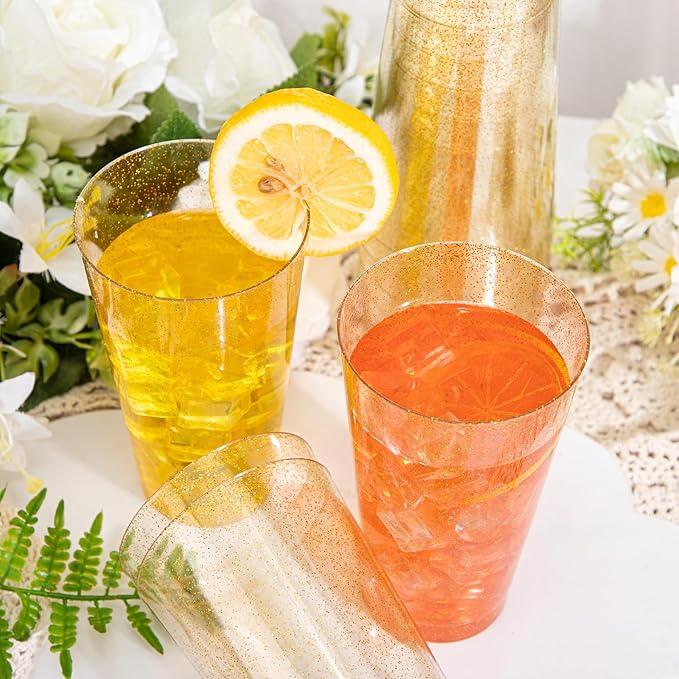 I00000 16 oz Gold Plastic Cups, 50 Pack Gold Glitter Plastic Cups Tumblers Disposable Party Cup Wedding Cup, Heavy-duty Plastic Disposable Glasses Ideal for Halloween,Thanksgiving and Christmas
