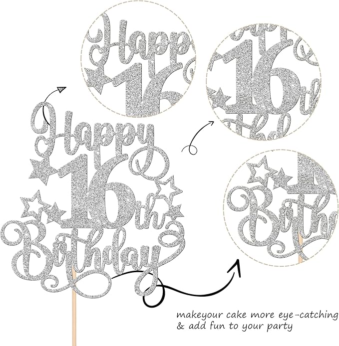 1 PCS Happy 16th Birthday Cake Topper Glitter Cheers to 16 Years Birthday Cake Pick Hello 16 Fabulous Cake Decoration for Happy 16th Birthday Anniversary Party Decorations Supplies Silver