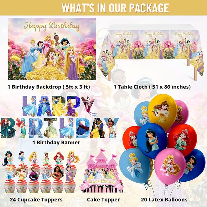 Nelton Party Supplies For Princess Includes Cake Topper, 24 Cupcake Toppers, 20 Latex Balloons, Happy Birthday Backdrop, 1 Table Cloth , 1 Banner