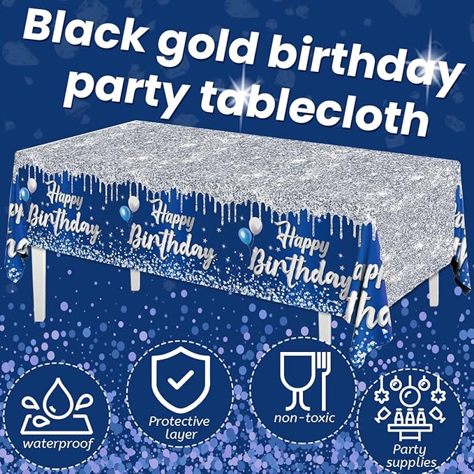 Happy Birthday Tablecloth,3pcs Navy Blue and Sliver Table Cloths for Parties Rectangle Glitter Navy Blue Birthday Decoration for 18th 21st 30th 40th 60th 70th Birthday Party Supplies