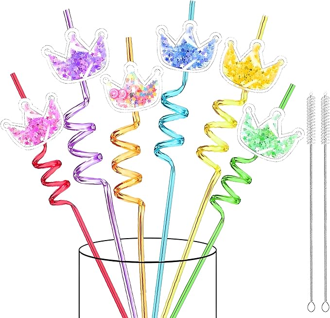 LEDUO 24Pcs Glitter Princess Party Favors-Reusable Crown Drinking Straws - Birthday Party Supplies-Boys Girls Party Decorations-Princess Theme Birthday Party Crazy Silly Straw with 2 Cleaning Brushes