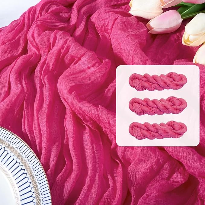 FEXIA 3 Pack Rose Red Table Runner 35x120 Inches for Baby Shower Decoration Gauze Rustic Table Runner for Wedding Party First Communion Centerpiece Engagement Bridal Shower Boho Decoration