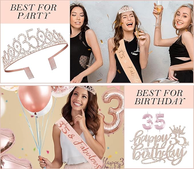 35th Birthday Decorations Gifts for Women, Including 35 year old Birthday Cake Topper, Queen Sash with Pearl Pin, Sweet Rhinestone Tiara Crown, Number Candles and Balloons Set, Rose Gold