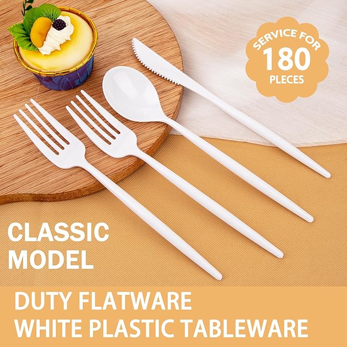 Supernal 180PCS White Plastic Silverware,White Utensils Set Disposable,Disposable Silverware Include 60 Forks,60 Knives,60 Spoons,Heavy Duty Party Cutlery for Birthday,Dinner,Wedding