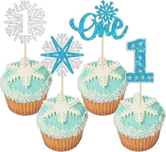 24Pcs One Snowflake Cupcake Toppers Blue Glitter Winter Snowflake 1st Birthday Cupcake Picks First Birthday Cake Decorations for Winter Wonderland Kids 1st Birthday Party Supplies