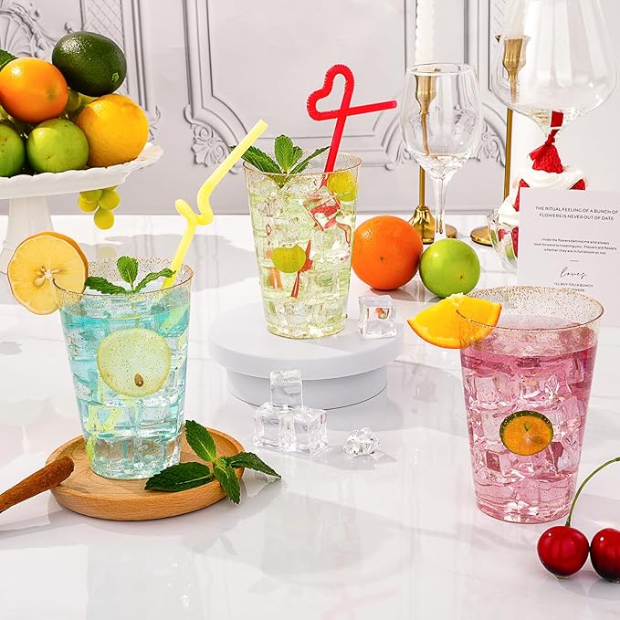 Goodluck 14 oz 200 PCS Gold Glitter Plastic Cups, Disposable Glitter Cups, Elegant Plastic Cocktail Glasses, Fancy Party Cups for Wedding, Birthday, Holiday