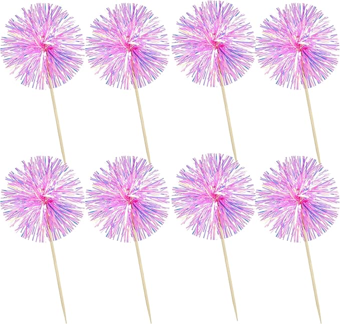 Ephlyn 30Pcs Foil Firework Cupcake Toppers Party Birthday Cake Toppers Supplies Sparkle Tinsel Cocktail Fruit Toothpick for Birthday Wedding Graduation Party Rose Red