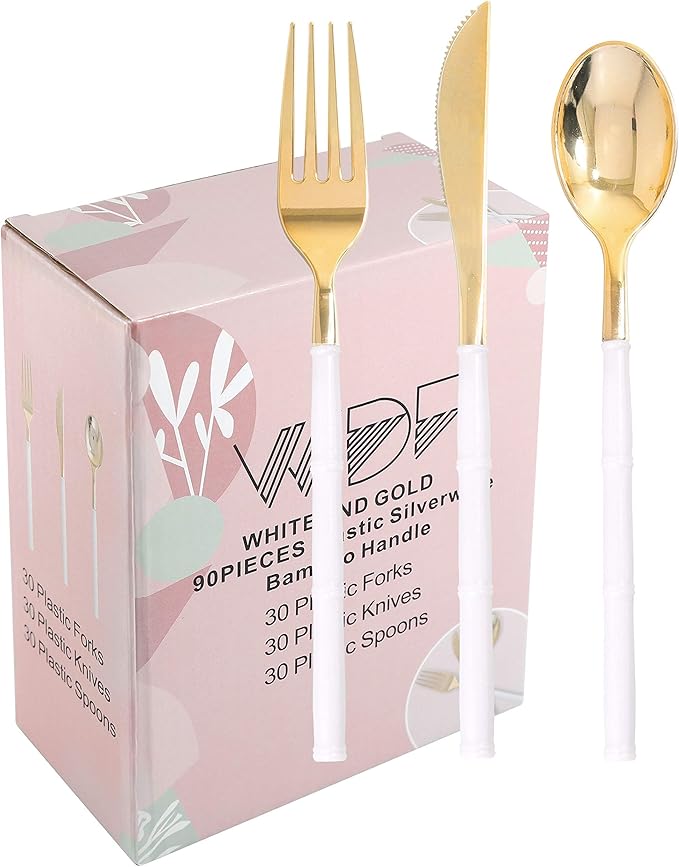 WDF 180Pieces Gold Plastic Silverware-Gold Plastic Cutlery with White Handle-Heavyweight Disposable Flatware-Include 60Forks, 60 Spoons, 60 Knives For Thanksgiving