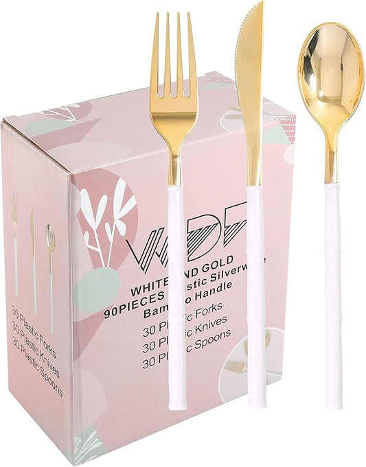 WDF 180Pieces Gold Plastic Silverware-Gold Plastic Cutlery with White Handle-Heavyweight Disposable Flatware-Include 60Forks, 60 Spoons, 60 Knives For Thanksgiving