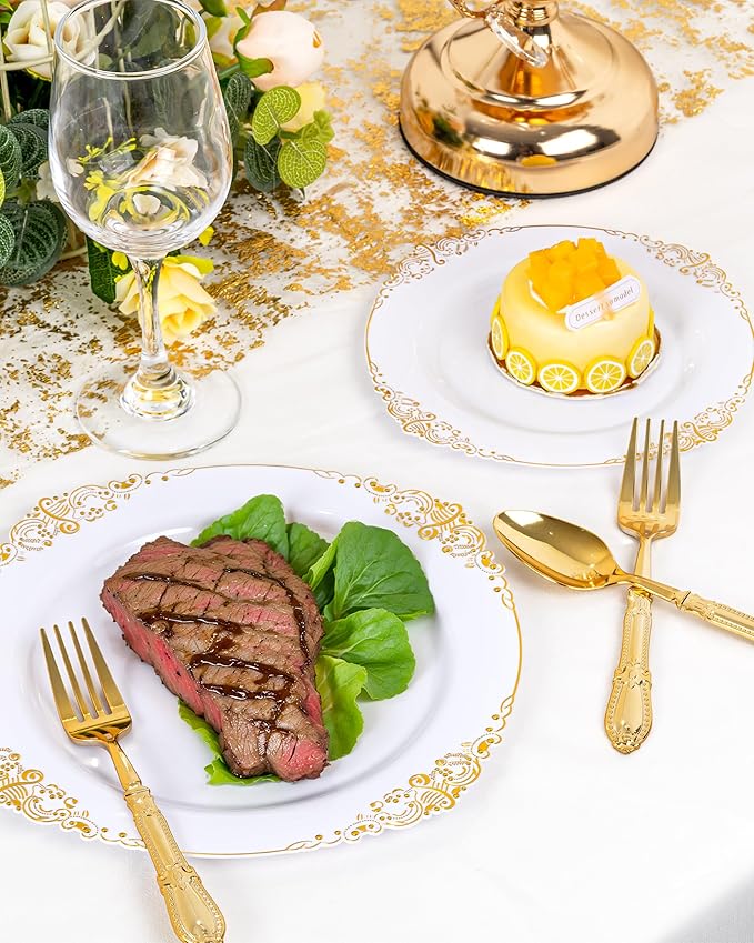 Nervure 90PCS Gold Plastic Silverware - Heavy Duty Disposable Cutlery Set, Luxury Gold Plastic Utensils include 30Pcs Forks, 30Pcs Spoons, 30pcs Knives. Perfect for Wedding,Party,Daily Use