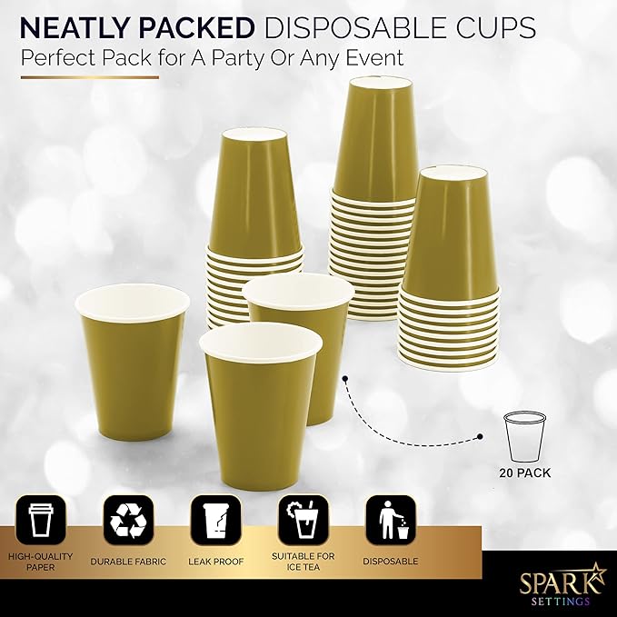 Disposable Paper Cups, 8 oz. Gold Paper Coffee Cups, Strong and Sturdy Coffee Disposable Cups for Party, Wedding, Thanksgiving Day, Christmas, Halloween Hot Cups, Pack of 20