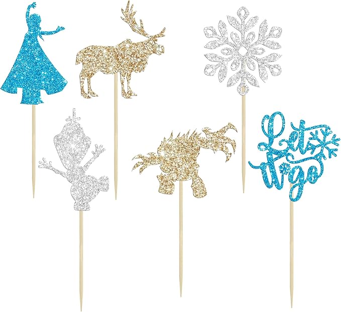 24Pcs Snowflake Cupcake Toppers Glitter Winter Frozen Theme Snowflake Deer Princess Cupcake Pick Decorations for Winter Wonderland Baby Shower Birthday Xmas Party Supplies