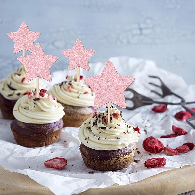 30 PCS Star Cupcake Toppers Glitter Assembled Twinkle Star Cupcake Picks Wedding Engagement Bridal Shower Birthday Party Cake Decorations Supplies Mixed Size Light Pink