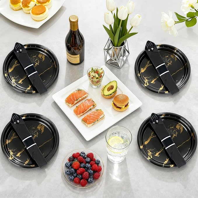 50 Pack Pre Rolled Black Plastic Silverware Set,Wrapped Plastic Cutlery Set with Napkin Include 50 Forks,50 Spoons,50 Knives and 50 Black Napkins for Party,Wedding