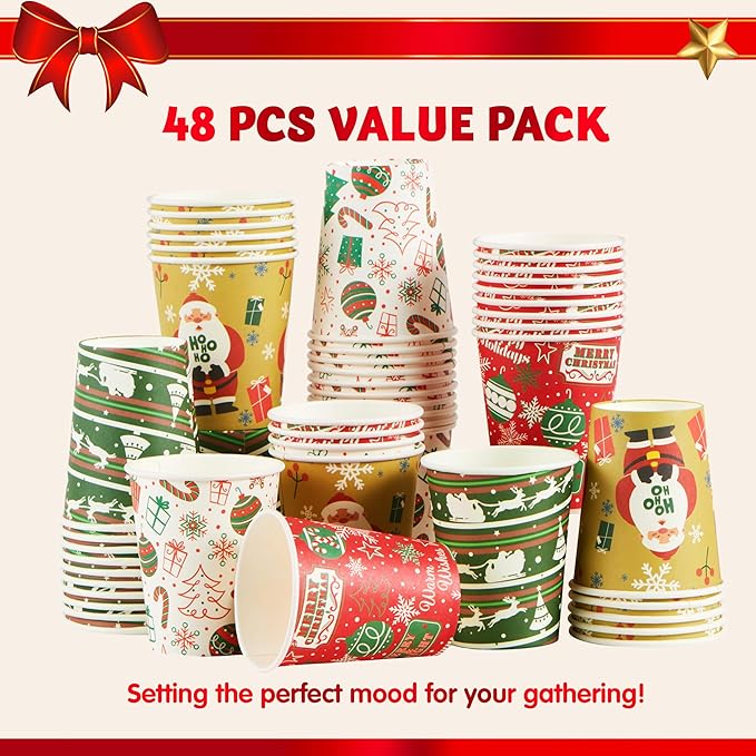 JOYIN 48 PACK Christmas Cups Disposable, 9 oz Paper Cups Holiday Winter Style Designs for Hot Chocolate Coffee & Tea, Xmas Party Drinkware, Party Supplies