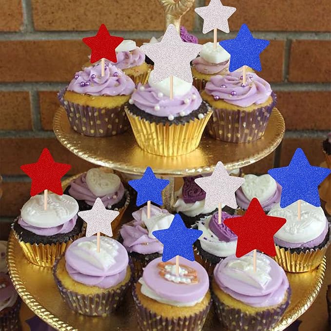 30 PCS Independence Day Cupcake Toppers Glitter Blue Red Silver Twinkle Little Star Cupcake Picks Wedding Bridal Shower Baby Shower Birthday American National Party Cake Decorations Supplies