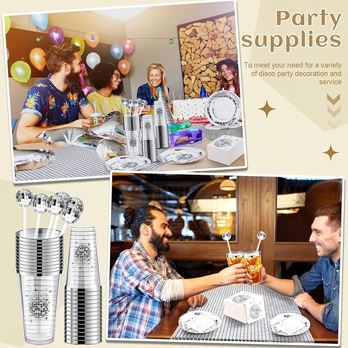 70s Disco Party Supplies Disco Balls Plates Napkins Cocktail Stirrers Disposable Plastic Cups Party Table Runner for 80s 90s Wedding Picnic Travel(101 Pieces)