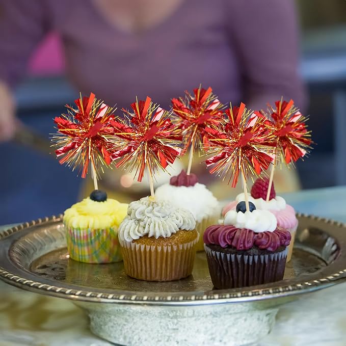Gyufise 30Pcs Foil Firework Cupcake Toppers Sparkle Tinsel Cake Toppers Tinsel Drink Cake Decoration Cocktail Picks for Birthday Wedding Graduation Party Supplies Gold Red