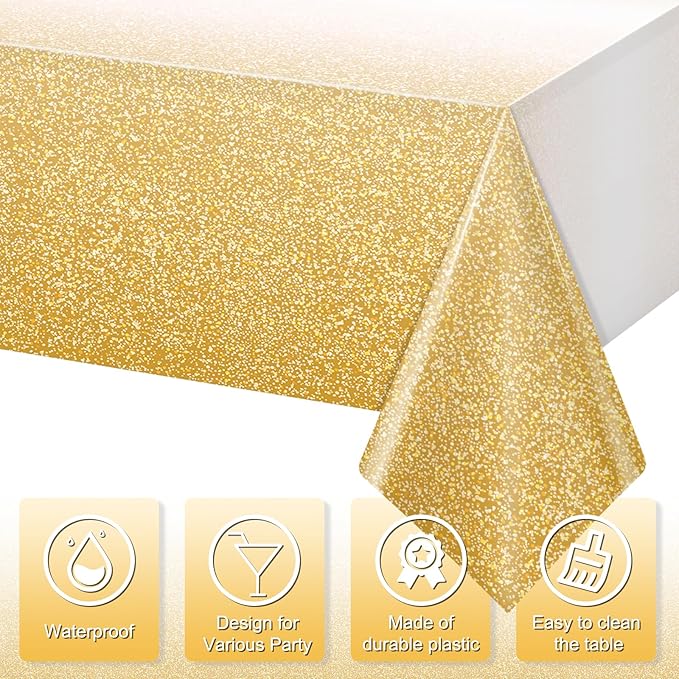 6 Pack Ombre Gold Plastic Tablecloth for Parties, Gradient Yellow Gold Disposable Tablecloths for Rectangle Tables, Light Gold Sprinkle Table Cover for Wedding Birthday Anniversary Party, 54 x 108Inch