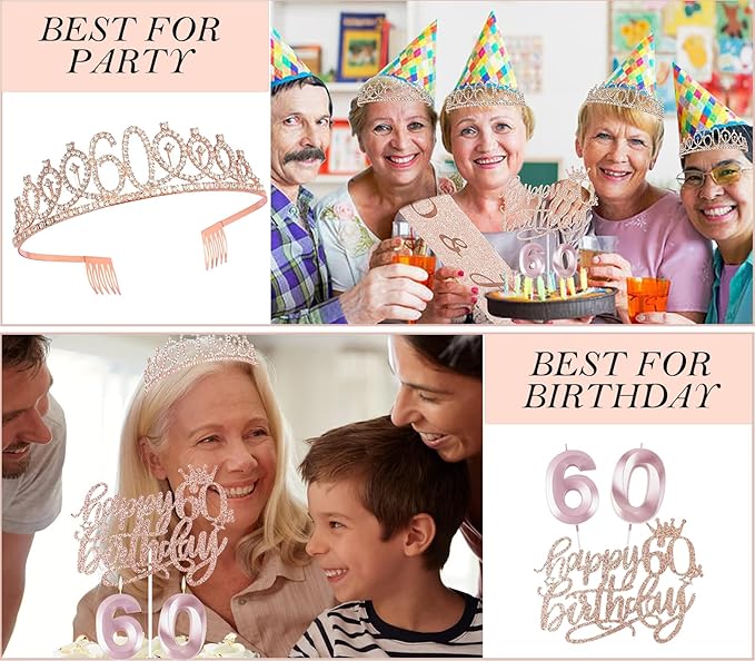 60th Birthday Decorations for Woman, 60th Birthday Sash and Crown, Cake Topper, Number Candles and Balloons,, 60 Year Old Gifts for Women