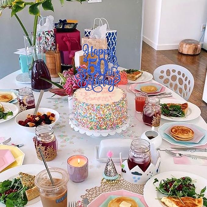 1 PCS Happy 50th Birthday Cake Topper Glitter Cheers to 50 Years Birthday Cake Pick Hello 50 Fabulous Cake Decoration for Happy 50th Birthday Anniversary Party Decorations Supplies Blue