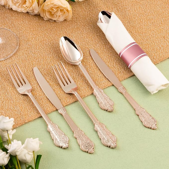 100 Pack Rose Gold Plastic Silverware with Pre Rolled Napkins for 100 Guests, Heavyweight Rose Gold Disposable Utensils Sets Includes 300 Plastic Cutlery, 100 Napkins for Party & Wedding