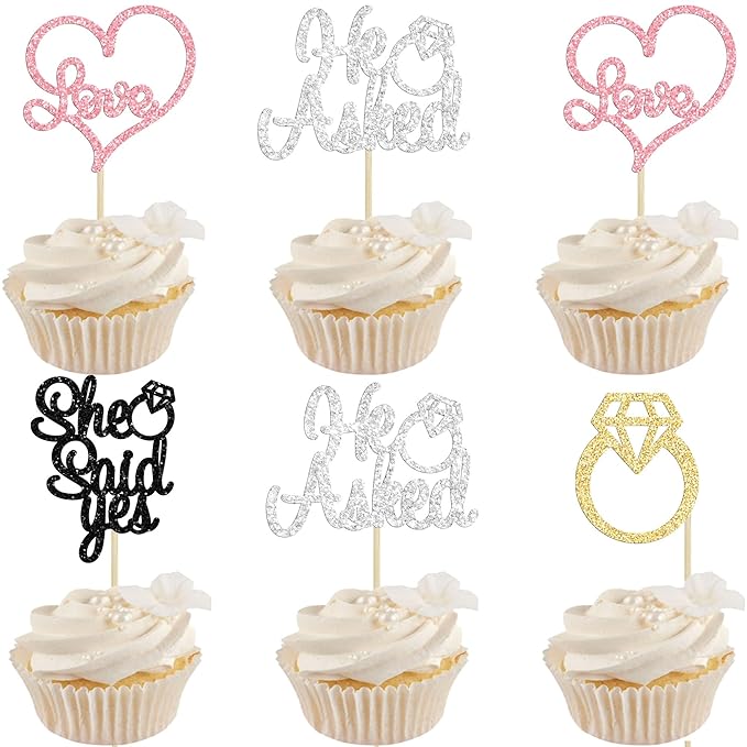 Gyufise 24 Pack Multicolor Glitter He Asked She Said Yes Cupcake Toppers Diamond Ring Heart Cake Picks for Wedding Engagement Party Table Decorations