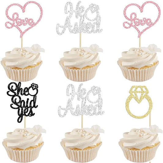 Gyufise 24 Pack Multicolor Glitter He Asked She Said Yes Cupcake Toppers Diamond Ring Heart Cake Picks for Wedding Engagement Party Table Decorations