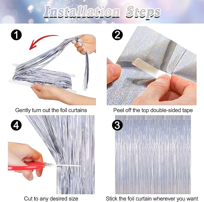 8 Pack 3.28 FT x 7.05 FT Tinsel Foil Fringe Backdrop, Glitter Silver Fringe Tinsel, Metallic Foil Curtains Door Streamer Disco Photo Backdrop Foil Streamer Decor Engagement Party Supplies