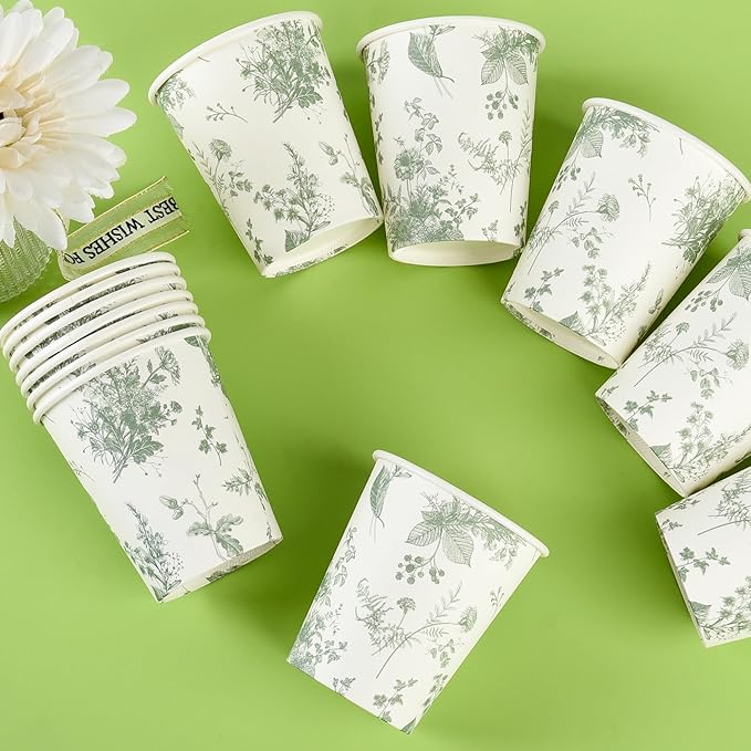 100Pcs Floral Paper Cups White Sage Green Flowers Party Cups 9oz Disposable Toile Chinoiserie Drinking Cups for Hot Cold Beverage Birthday Baby Shower Party Supplies (100, Sage Green)