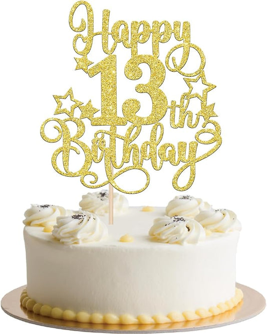 1 PCS Happy 13th Birthday Cake Topper Glitter Cheers to 13 Years Birthday Cake Pick Hello 13 Fabulous Cake Decoration for Happy 13th Birthday Anniversary Party Decorations Supplies Gold