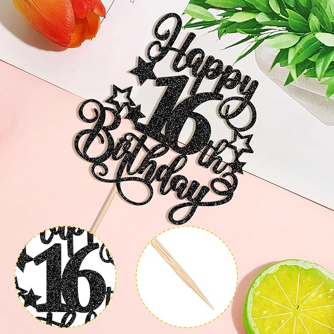 1 PCS Happy 16th Birthday Cake Topper Glitter Cheers to 16 Years Birthday Cake Pick Hello 16 Fabulous Cake Decoration for Happy 16th Birthday Anniversary Party Decorations Supplies Black