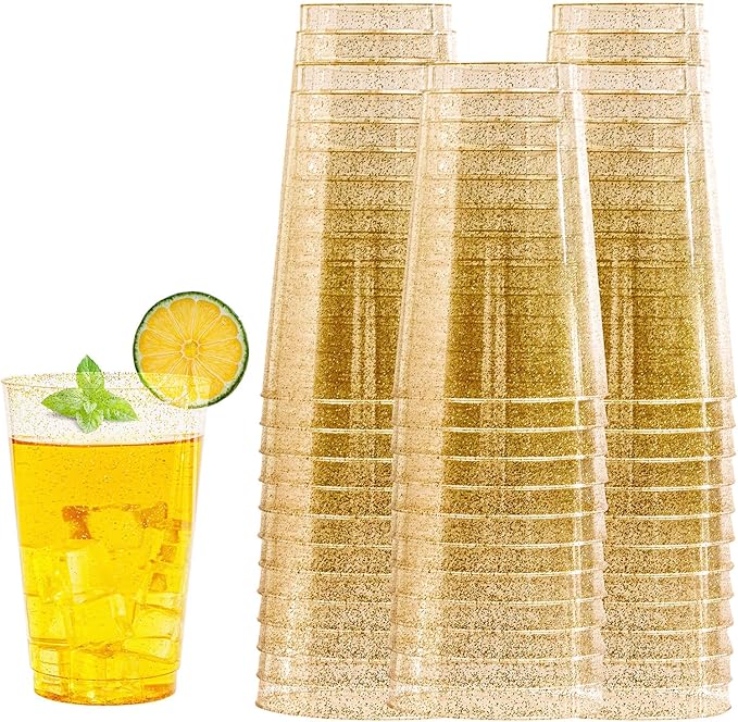 I00000 50 Pack 20 oz Gold Plastic Cups, Gold Glitter Cups Disposable Plastic Wine Glasses Cocktail Glasses Premium Cup, 20 Ounce Glitter Disposable Tumblers for Party & Wedding