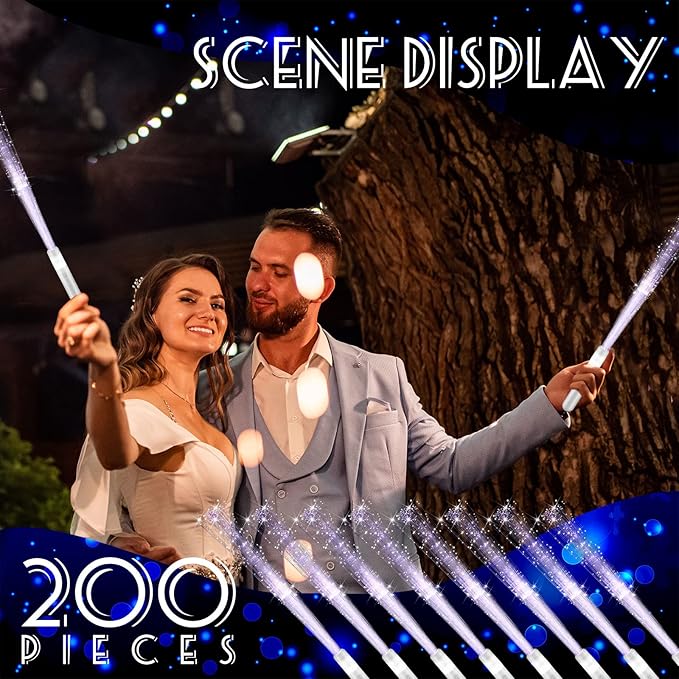 200 Pieces Fiber Optic Wand Bulk 13.8 Inch White Glow Stick Wedding Fiber Optic Stick with 3 Light Modes LED Light up Wand Flashing for Bridal Shower Glow in The Dark Party Favors