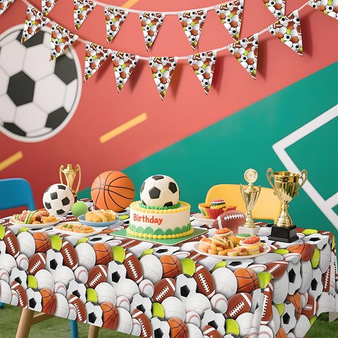 Gatherfun Sports-Themed Party Pack: 2-Pack Boys Birthday Decorations, Disposable Plastic Tablecloth for Sports Birthday Party Decorations，54 x 108 Inches