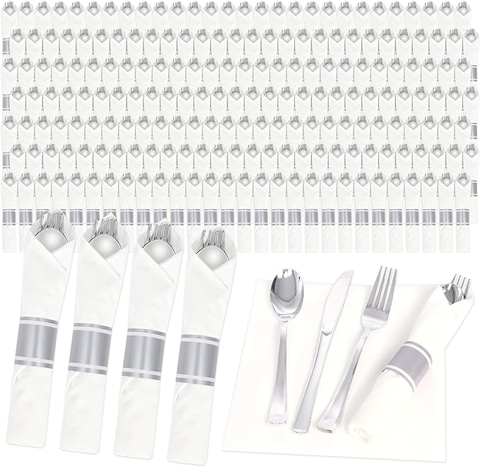 200 Pack Pre Rolled Silver Plastic Silverware Set,Wrapped Plastic Cutlery Set with Napkin Include 200 Forks,200 Spoons,200 Knives and 200 White Napkins for Party,Wedding,Christmas
