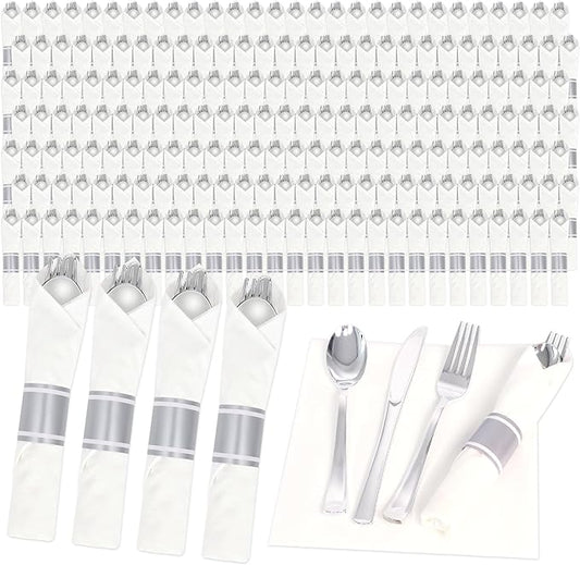200 Pack Pre Rolled Silver Plastic Silverware Set,Wrapped Plastic Cutlery Set with Napkin Include 200 Forks,200 Spoons,200 Knives and 200 White Napkins for Party,Wedding,Christmas