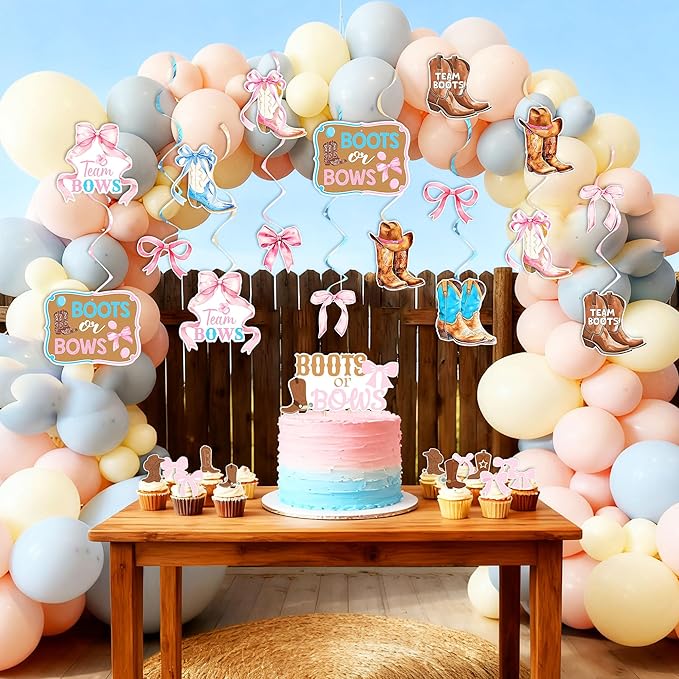 Boots or Bows Gender Reveal Decorations Boots and Bows Gender Reveal Cupcake Toppers Party Supplies Cowboy or Cowgirl Garland Banner Brown Pink Western Baby Shower