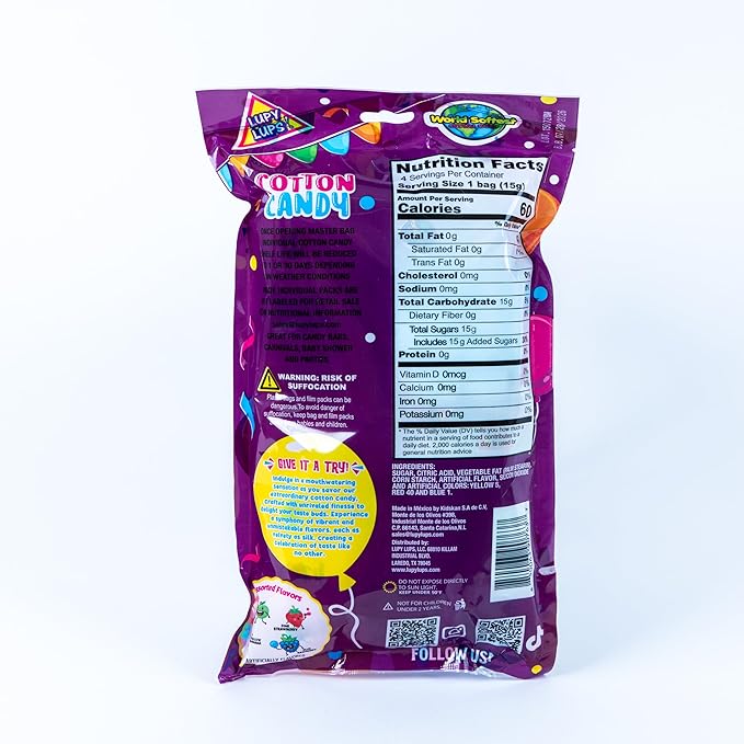 Lupy Lups Cotton Candy Party Pack of Assorted Flavors 4 Individually Wrapped 2.12oz Servings