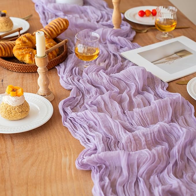 FEXIA Lilac Cheesecloth Table Runner 35x120 Inches Spring Easter Gauze Lavender Table Runners for Mother's Day Bridal Shower Wedding Party First Communion Centerpiece Engagement Decoration