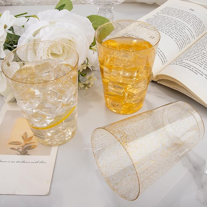 I00000 200 Pack 12 oz Gold Glitter Plastic Cups, Clear Disposable Cups, Disposable Plastic Wine Glasses Cocktail Glasses Premium Cups, 12 Ounce Glitter Tumblers for Party & Wedding