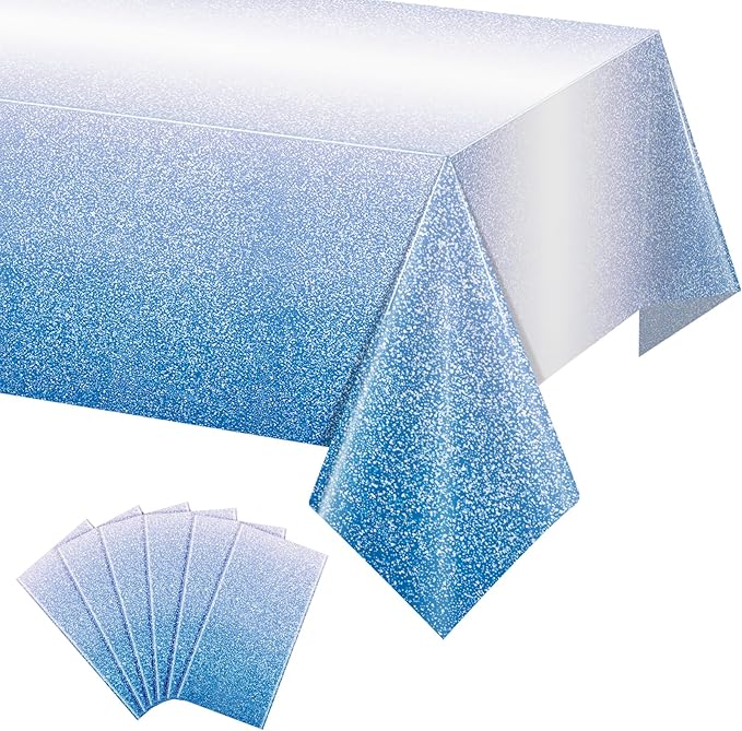 6 Pack Ombre Blue Plastic Tablecloth for Parties, Gradient Pastel Blue Disposable Tablecloths for Rectangle Tables, Royal Blue Sprinkle Table Cover for Wedding Birthday Anniversary Party, 54 x 108Inch