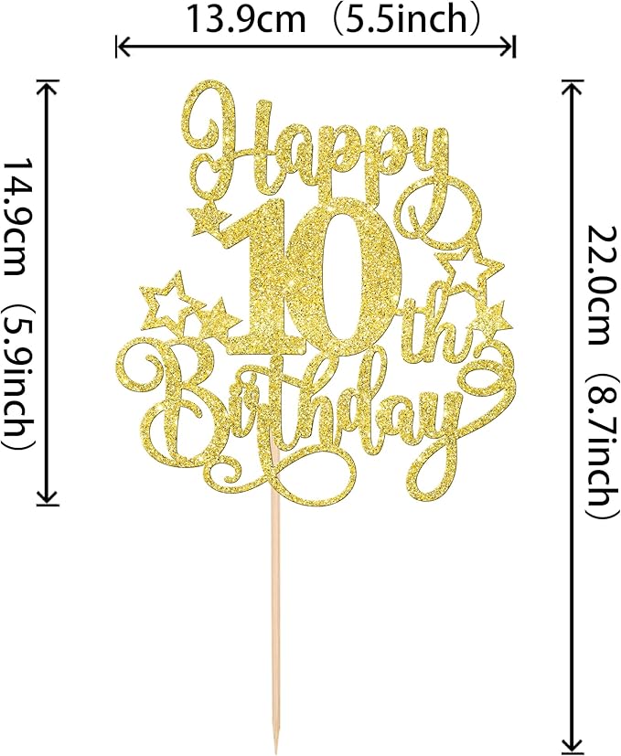 1 PCS Happy 10th Birthday Cake Topper Glitter Cheers to 10 Years Birthday Cake Pick Hello 10 Fabulous Cake Decoration for Happy 10th Birthday Anniversary Party Decorations Supplies Gold