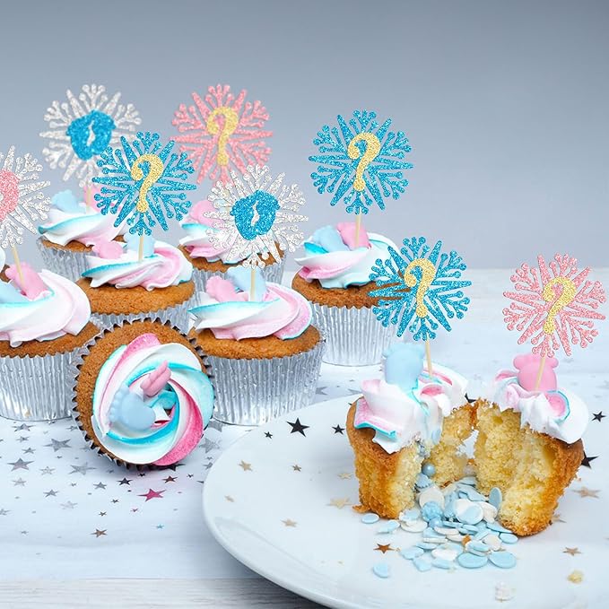 24Pcs Snowflake Gender Reveal Cupcake Toppers Glitter Boy or Girl Cupcake Pick decorations for Snowflake Winter Frozen Baby Shower Birthday Party Supplies Pink Blue