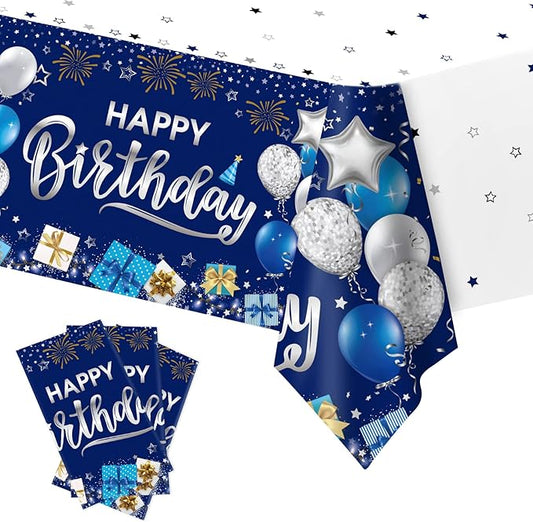 DUAIAI Happy Birthday Decorations, 3 Pcs Navy Blue and Silver Birthday Tablecloth for Boys Girls Men Women, Plastic Disposable Rectangle Table Cover for Birthday Party Supplies- 54" x 108"