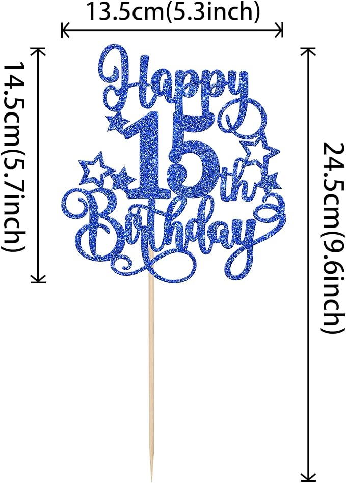1 PCS Happy 15th Birthday Cake Topper Glitter Cheers to 15 Years Birthday Cake Pick Hello 15 Fabulous Cake Decoration for Happy 15th Birthday Anniversary Party Decorations Supplies Blue